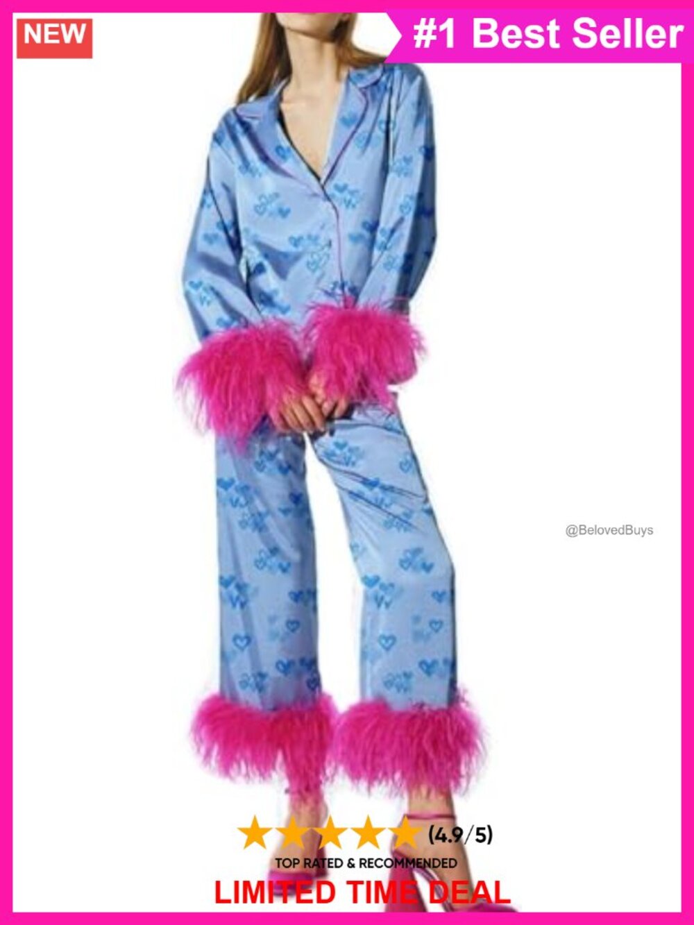 Silk Pajamas with Feathers Heart Print Button Shirt Wide Leg Pants Set